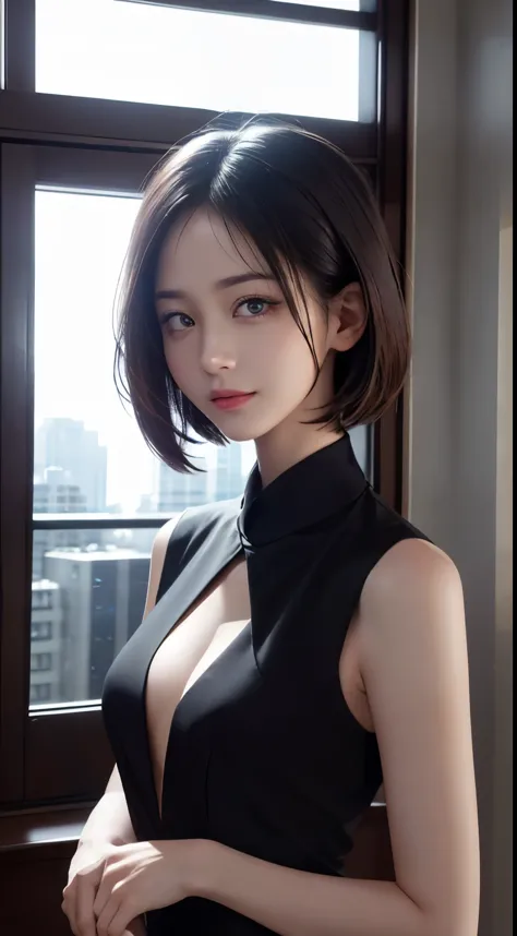 highest quality, ultra high resolution,  beautiful Eyes, very short hair, beautiful,Working on the 6th floor of Akasaka Building...