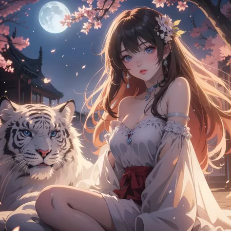 Blue eyed anime girl sitting next to white tiger, anime style 4 k, Beautiful anime catgirl, beautiful anime style, Beautiful ani...