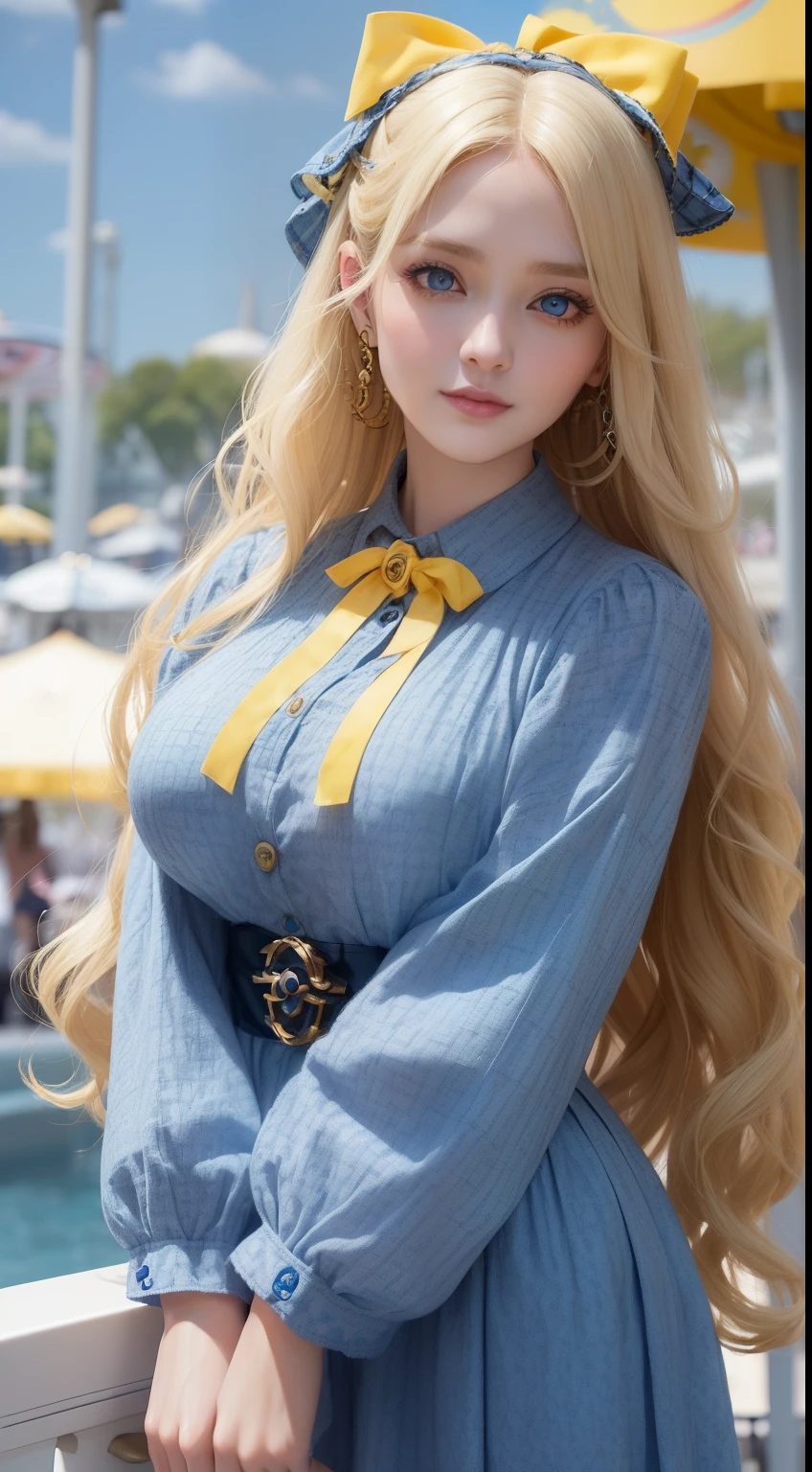 A close up of a woman with long blonde hair wearing a blue dress ...