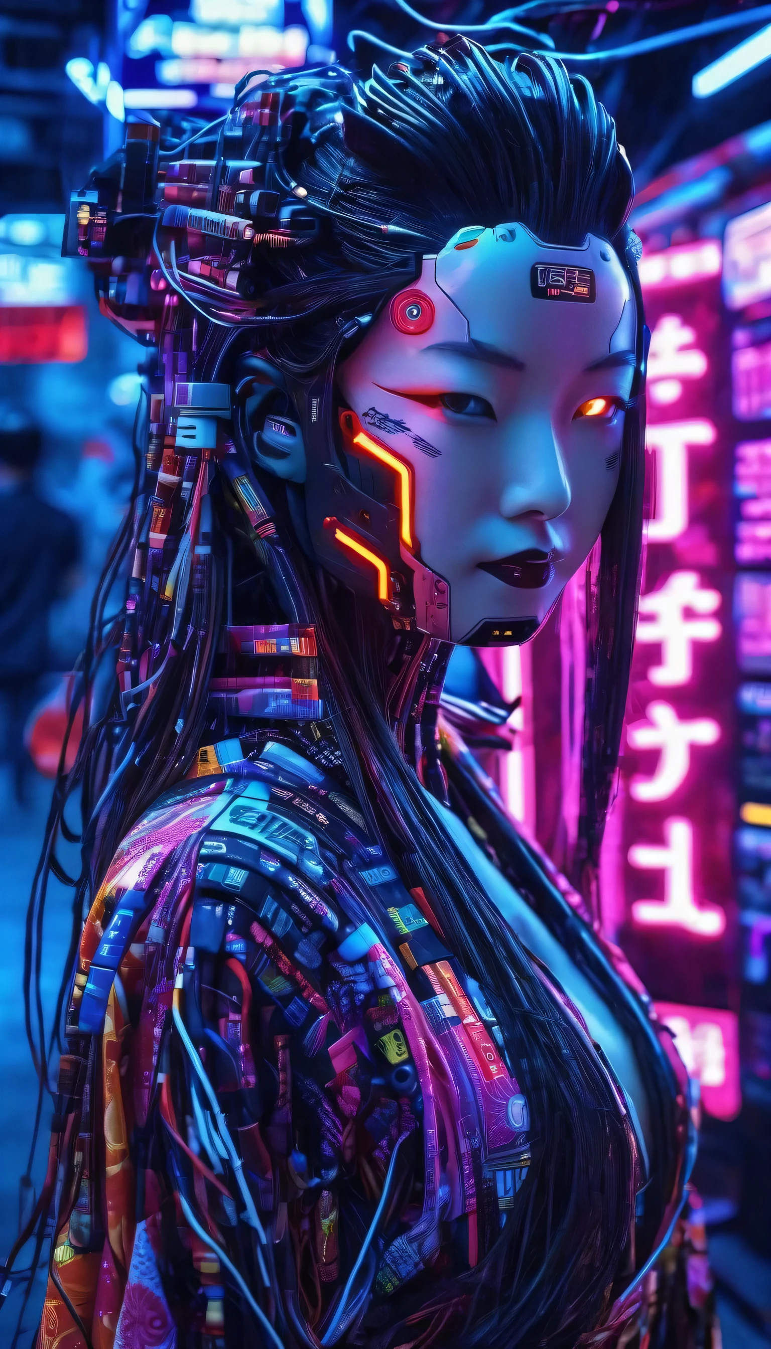 haute technologie, futuriste, fille cyborg, (Photoréaliste:1.4), cheveux longs faits de câbles, robotique, beaucoup de câbles informatiques en arrière-plan, ultra haute résolution, UHD, 8k, néons, Culture japonaise, kimono, démon japonais