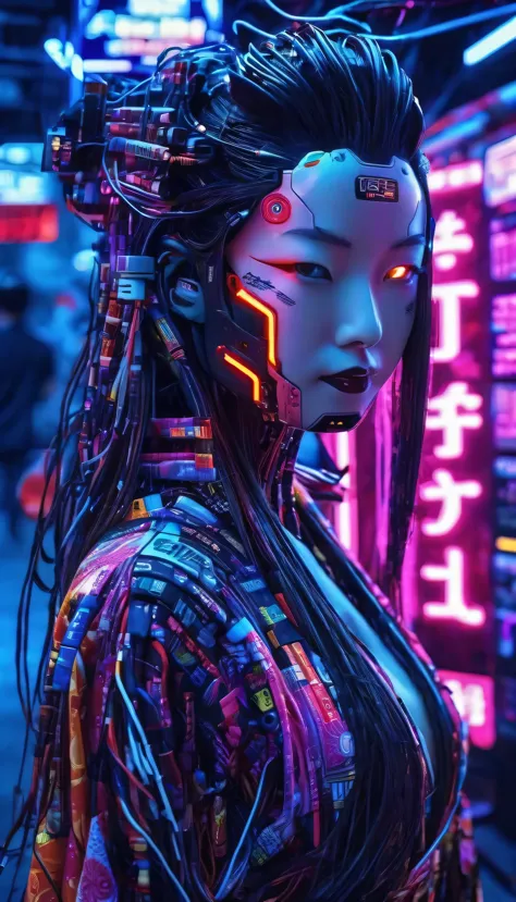 high technology, futuristic, cyborg girl, (photorealistic:1.4), long hair made of cables, robotic, lots of computer cables in th...