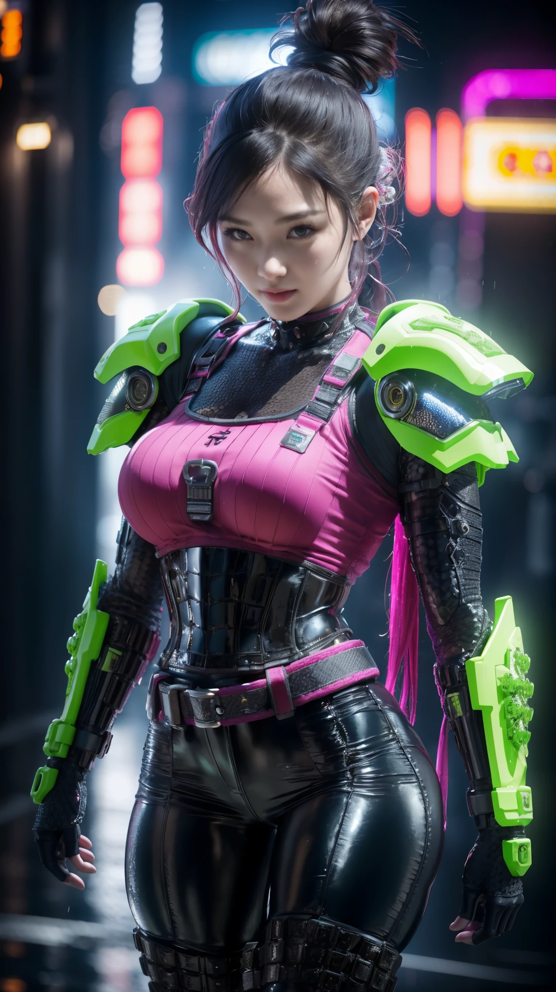 (realistic:1.3), finely detailed, quality, rembrandt lighting, (masterpiece:1.2), (photorealistic:1.2), (best quality), (detailed skin:1.3), (intricate details), dramatic, ray tracing, 1girl, Japanese girl, 21 years old, updo hair, medium breasts, android, shoulder armor, upper armor, full armor, mechanical arms, neo-tokyo, cyberpunk, neon lights, (vibrant colors), rain, water, wet, puddles, (hero view:1.2), 