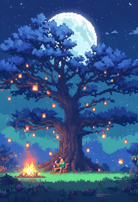 pixel game, with green grass in background, it is night time with moon, a guy sitting in tree with fire