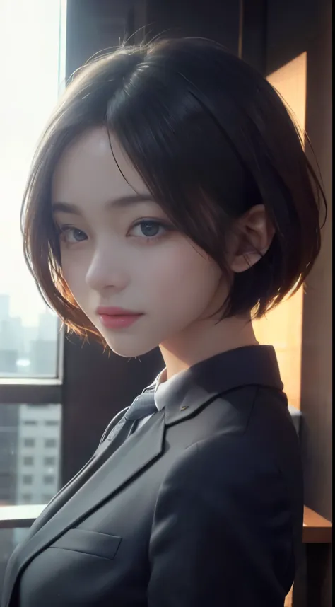 highest quality, ultra high resolution,  beautiful Eyes, very short hair, beautiful,Working on the 6th floor of Akasaka Building...