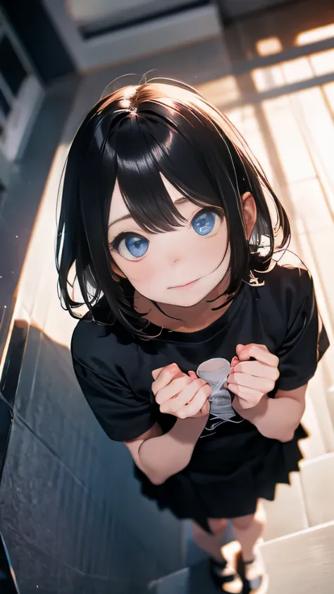 highest quality, masterpiece, night, woman, Are standing, (((look up, From above))), alone, whole body, anime, film portrait photography, woman, blue eyes, black hair, short bob hair, wearing a black T-shirt, anime, Moe art style, 8k,