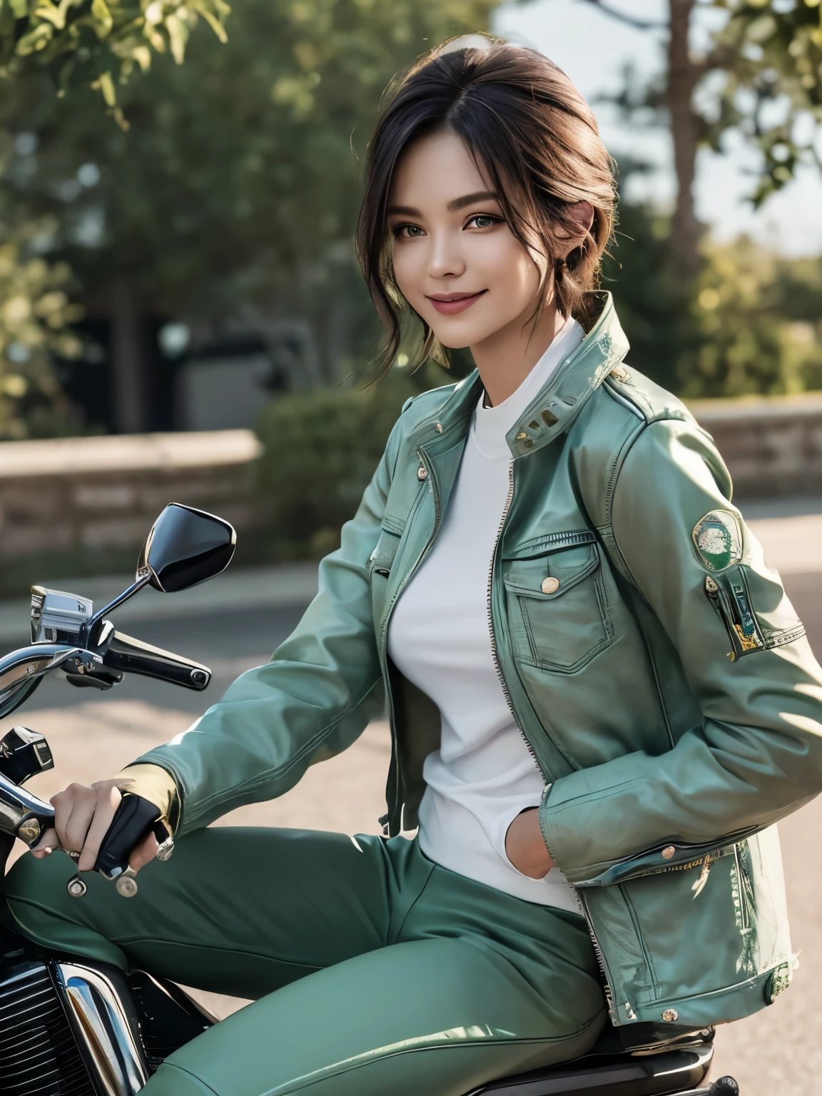 ((highest quality)), ((masterpiece)), (detailed motorcycle), perfect face、Accurate five-fingered hands、double eyelids、small face、realistic skin texture、full body shot、long legs、Beauty、((light green jacket and pants))、smile、slender body、Moist eyes、((spread legs))、((riding a motorcycle))、short hair