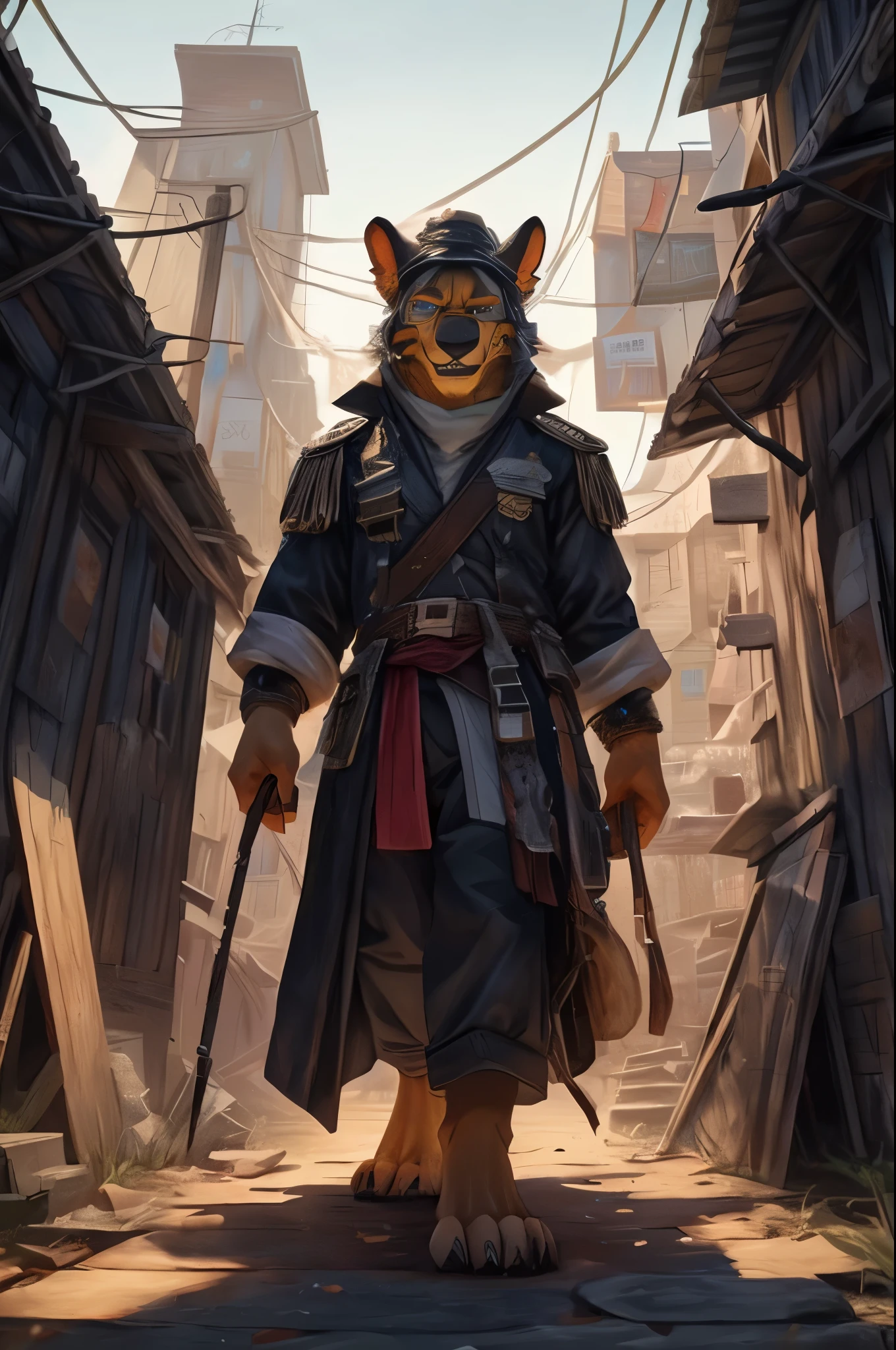 (((Barefoot furry character, full body, cinematic setting, furry male))) Angry, intimidating, holding whip. BREAK, detailed background, 8K, (masterpiece:1.5), intricate details, highly detailed, extreme detail, octane render, tritone image, fine art, best quality, highres, (detailed face:1.5), ((full_body)), UHD, (((perfect hands)))