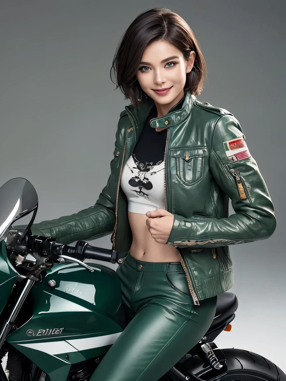 ((highest quality)), ((masterpiece)), (detailed motorcycle), perfect face、Accurate five-fingered hands、double eyelids、small face、realistic skin texture、full body shot、long legs、Beauty、((green jacket and pants))、smile、slender body、Moist eyes、((spread legs))、((riding a motorcycle))、short hair