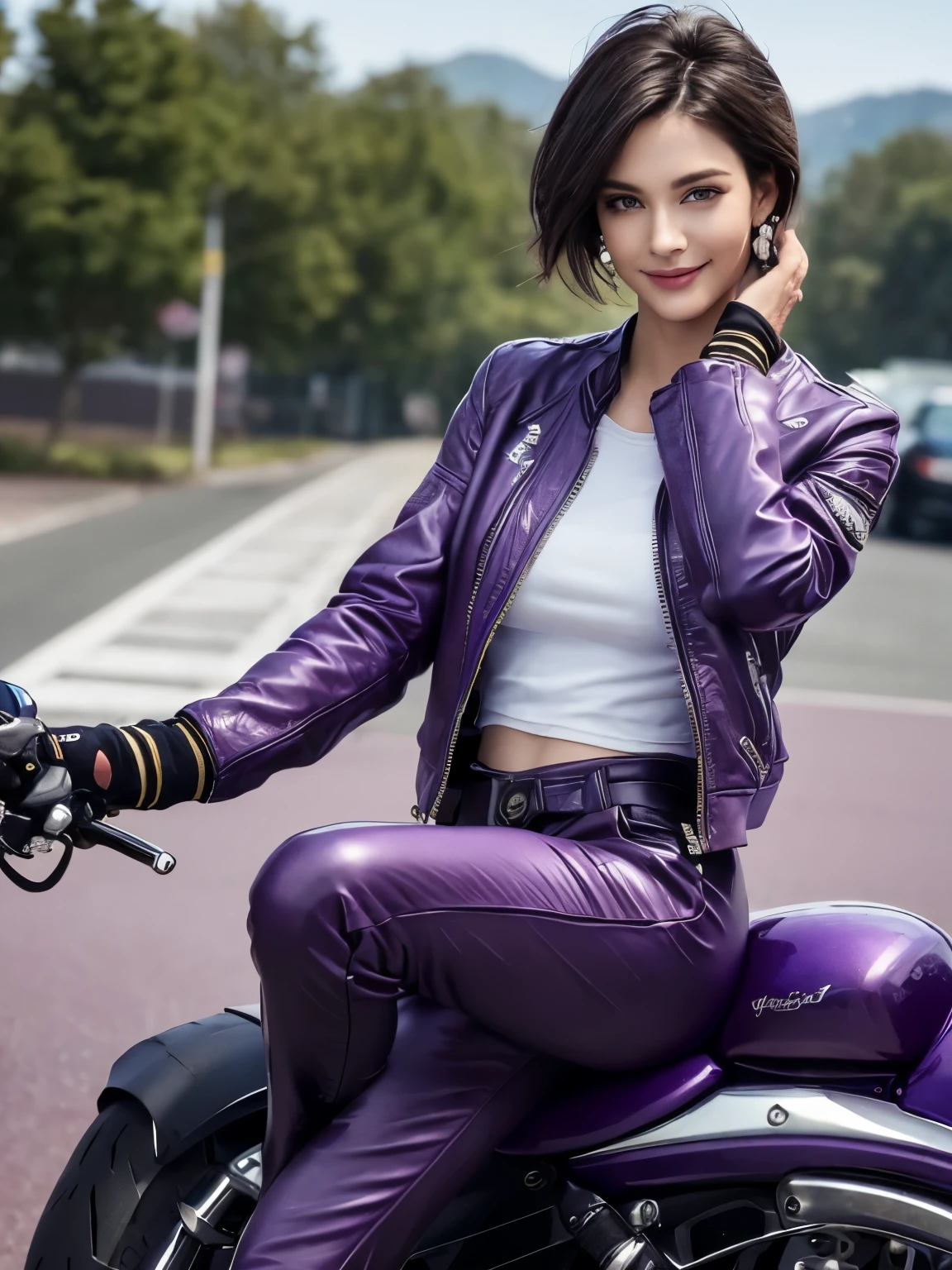 ((highest quality)), ((masterpiece)), (detailed motorcycle), perfect face、Accurate five-fingered hands、double eyelids、small face、realistic skin texture、full body shot、long legs、Beauty、(purple jacket and pants))、smile、slender body、Moist eyes、((spread legs))、((riding a motorcycle))、short hair