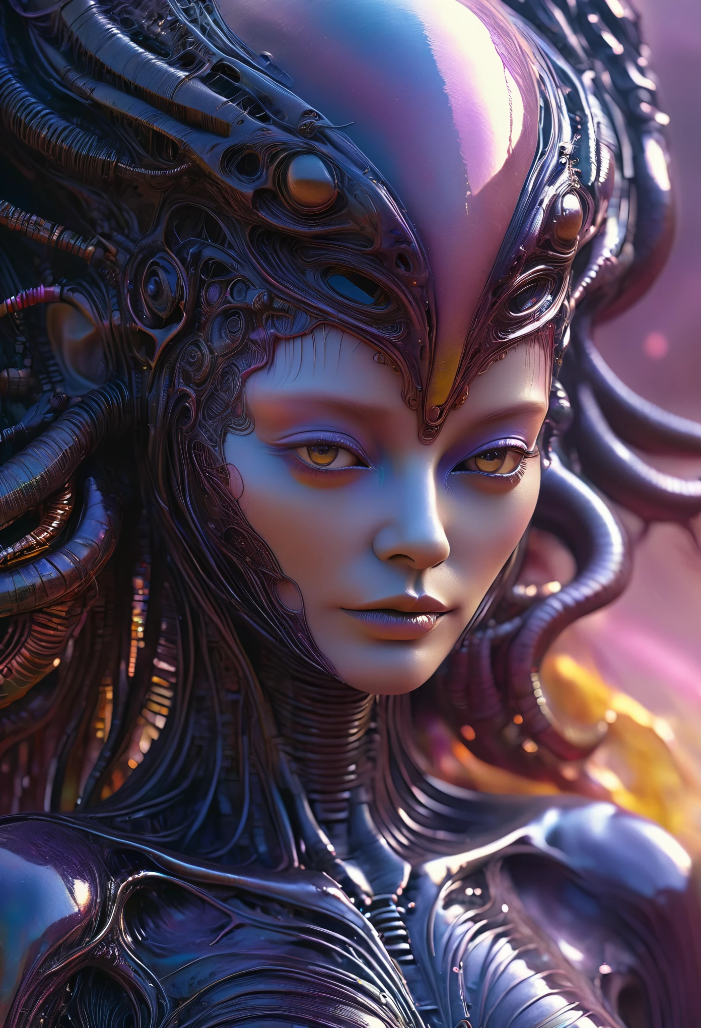 fotorealistisch, außerirdischer anthropomorpher Alien Venusform, Fusion von Fantasy-Stil, H.R. Giger Biomechanische Ästhetik, Beeple abstrakte digitale Techniken, Nahaufnahme, kräftige, aber verschwommene Pinselstriche, Hochgesättigte Farben, sanftes Tageslicht, das Ruhe schafft, inmitten einer riesigen und beunruhigenden Umgebung, ultrafein