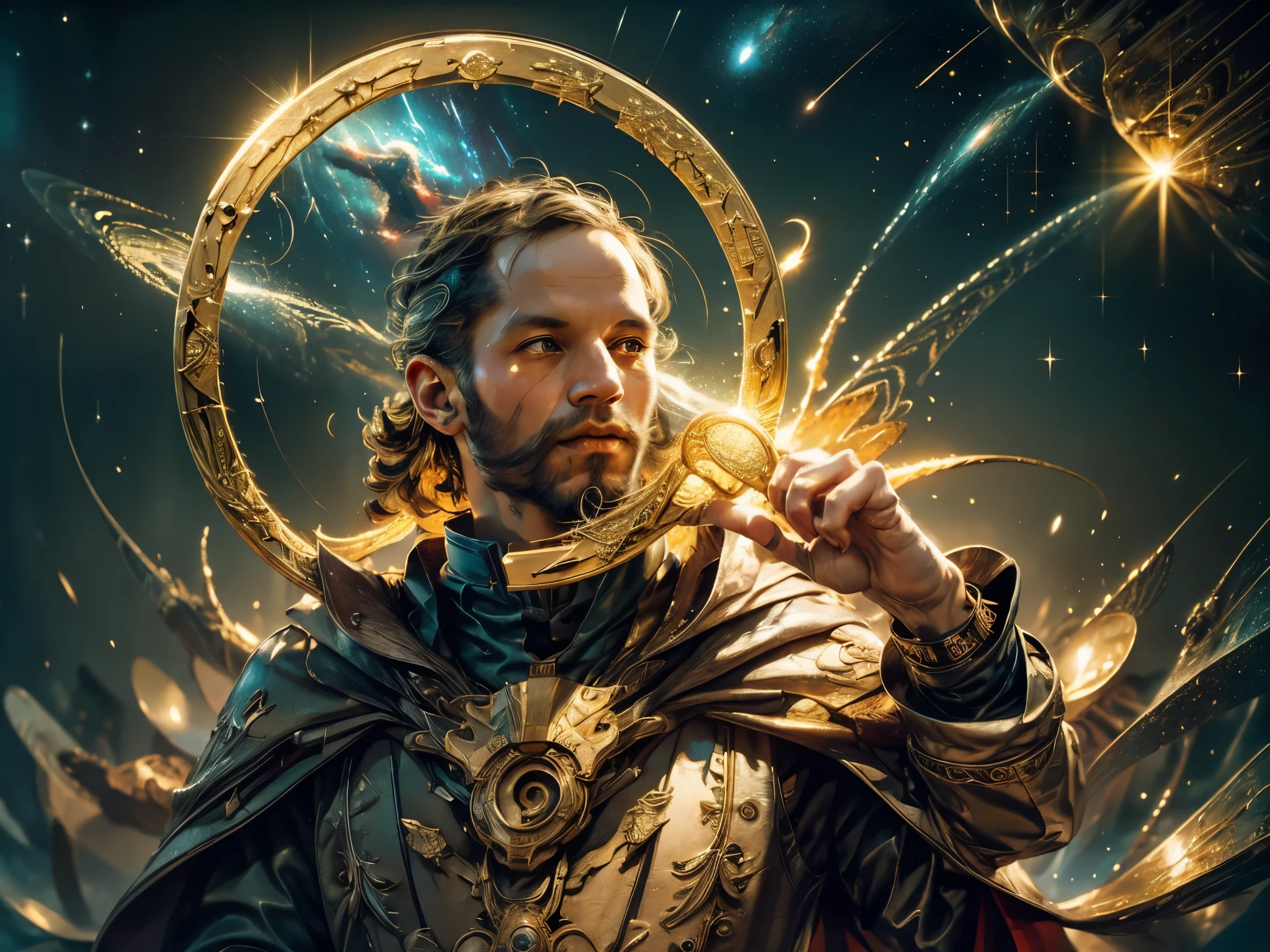 wide shot: 1.3, masterpiece, ((beautiful man, very detailed and beautiful,: 1.5)), ((a magician creating a beautiful circle of colored power in the night starry sky: 1.5, full of stars and galaxies: 1.5 )), very beautiful digital art, digital art. highly detailed and highly detailed magical fantasy, colorful digital fantasy art, highly detailed digital art, beautiful and gorgeous digital art, highly detailed digital painting, 32k