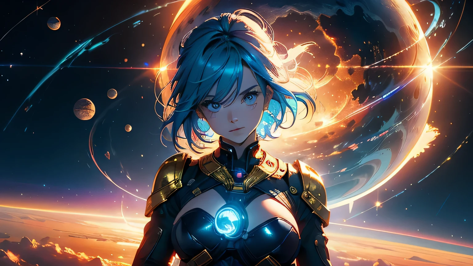 (masterpiece), best quality, a cute girl floating in the space holding a planet, ((holding)), sphere, ((glow, planet glow)), perfect face, expressive eyes, (blue Tight crop top gold leather suit), (big breast), (open half breast), , spiral galaxy, astronomy wallpaper, happy, colorful, exciting, gorgeous, blue giant star, cowboy shot, cosmic, cosmos 4k, shiny, perfect light, glowing sphere BREAK is a cute girl on space, she is holding a glwoing sphere with the two hands, she is wearing a white space suit, she has blue hair, red eyes, red giant star, sun like star, shine, BREAK vivid colors, bright,shiny, cool colors, dramatic lighting, artistic, creative, digital art, wallpaper, (glowing eyeagical, impossible, good vibes, good emotions, adventure, (solo, alone,1girl), big breast, open half breast