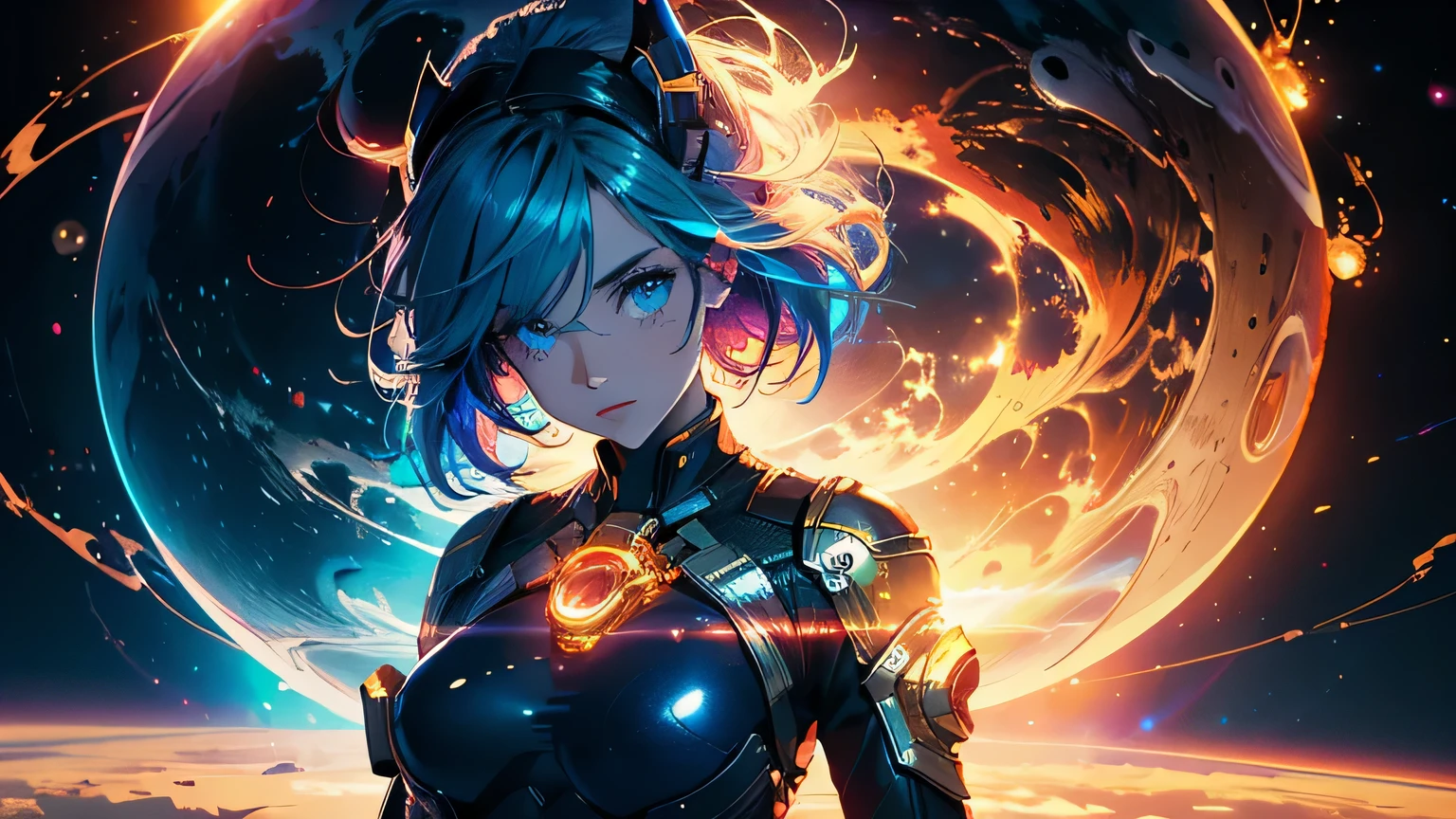 (masterpiece), best quality, a cute girl floating in the space holding a planet, ((holding)), sphere, ((glow, planet glow)), perfect face, expressive eyes, (blue Tight crop top gold leather suit), (big breast), (open half breast), , spiral galaxy, astronomy wallpaper, happy, colorful, exciting, gorgeous, blue giant star, cowboy shot, cosmic, cosmos 4k, shiny, perfect light, glowing sphere BREAK is a cute girl on space, she is holding a glwoing sphere with the two hands, she is wearing a white space suit, she has blue hair, red eyes, red giant star, sun like star, shine, BREAK vivid colors, bright,shiny, cool colors, dramatic lighting, artistic, creative, digital art, wallpaper, (glowing eyeagical, impossible, good vibes, good emotions, adventure, (solo, alone,1girl)\