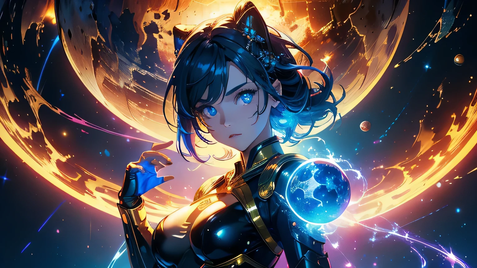 (masterpiece), best quality, a cute girl floating in the space holding a planet, ((holding)), sphere, ((glow, planet glow)), perfect face, expressive eyes, (blue Tight crop top gold leather suit), (big breast), (open half breast), , spiral galaxy, astronomy wallpaper, happy, colorful, exciting, gorgeous, blue giant star, cowboy shot, cosmic, cosmos 4k, shiny, perfect light, glowing sphere BREAK is a cute girl on space, she is holding a glwoing sphere with the two hands, she is wearing a white space suit, she has blue hair, red eyes, red giant star, sun like star, shine, BREAK vivid colors, bright,shiny, cool colors, dramatic lighting, artistic, creative, digital art, wallpaper, (glowing eyeagical, impossible, good vibes, good emotions, adventure, (solo, alone,1girl)\