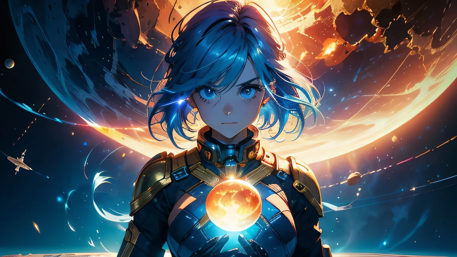 (masterpiece), best quality, a cute girl floating in the space holding a planet, ((holding)), sphere, ((glow, planet glow)), perfect face, expressive eyes, (blue Tight crop top gold leather suit), (big breast), (open half breast), , spiral galaxy, astronomy wallpaper, happy, colorful, exciting, gorgeous, blue giant star, cowboy shot, cosmic, cosmos 4k, shiny, perfect light, glowing sphere BREAK is a cute girl on space, she is holding a glwoing sphere with the two hands, she is wearing a white space suit, she has blue hair, red eyes, red giant star, sun like star, shine, BREAK vivid colors, bright,shiny, cool colors, dramatic lighting, artistic, creative, digital art, wallpaper, (glowing eyeagical, impossible, good vibes, good emotions, adventure, (solo, alone,1girl)\