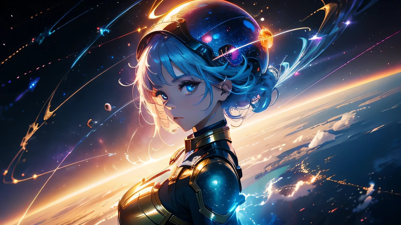 (masterpiece), best quality, a cute girl floating in the space holding a planet, ((holding)), sphere, ((glow, planet glow)), perfect face, expressive eyes, (blue Tight crop top gold leather suit), (Medium breast), (open half breast), , spiral galaxy, astronomy wallpaper, happy, colorful, exciting, gorgeous, blue giant star, cowboy shot, cosmic, cosmos 4k, shiny, perfect light, glowing sphere BREAK is a cute girl on space, she is holding a glwoing sphere with the two hands, she is wearing a white space suit, she has blue hair, red eyes, red giant star, sun like star, shine, BREAK vivid colors, bright,shiny, cool colors, dramatic lighting, artistic, creative, digital art, wallpaper, (glowing eyeagical, impossible, good vibes, good emotions, adventure, (solo, alone,1girl)\