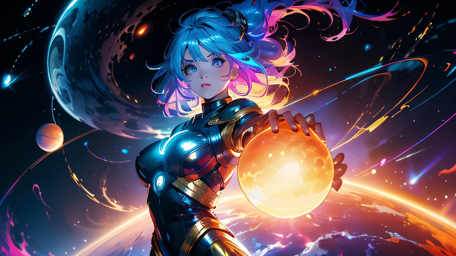 (masterpiece), best quality, a cute girl floating in the space holding a planet, ((holding)), sphere, ((glow, planet glow)), perfect face, expressive eyes, (blue Tight crop top gold leather suit), (Medium breast), (open half breast), , spiral galaxy, astronomy wallpaper, happy, colorful, exciting, gorgeous, blue giant star, cowboy shot, cosmic, cosmos 4k, shiny, perfect light, glowing sphere BREAK is a cute girl on space, she is holding a glwoing sphere with the two hands, she is wearing a white space suit, she has blue hair, red eyes, red giant star, sun like star, shine, BREAK vivid colors, bright,shiny, cool colors, dramatic lighting, artistic, creative, digital art, wallpaper, (glowing eyeagical, impossible, good vibes, good emotions, adventure, (solo, alone,1girl)\