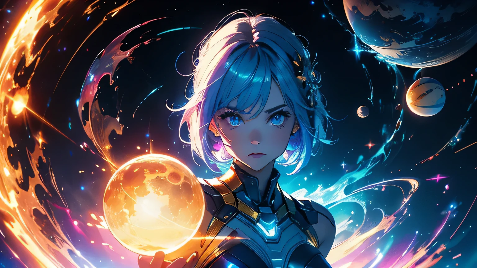 (masterpiece), best quality, a cute girl floating in the space holding a planet, ((holding)), sphere, ((glow, planet glow)), perfect face, expressive eyes, (blue Tight crop top gold leather suit), (Medium breast), (open half breast), , spiral galaxy, astronomy wallpaper, happy, colorful, exciting, gorgeous, blue giant star, cowboy shot, cosmic, cosmos 4k, shiny, perfect light, glowing sphere BREAK is a cute girl on space, she is holding a glwoing sphere with the two hands, she is wearing a white space suit, she has blue hair, red eyes, red giant star, sun like star, shine, BREAK vivid colors, bright,shiny, cool colors, dramatic lighting, artistic, creative, digital art, wallpaper, (glowing eyeagical, impossible, good vibes, good emotions, adventure, (solo, alone,1girl)\