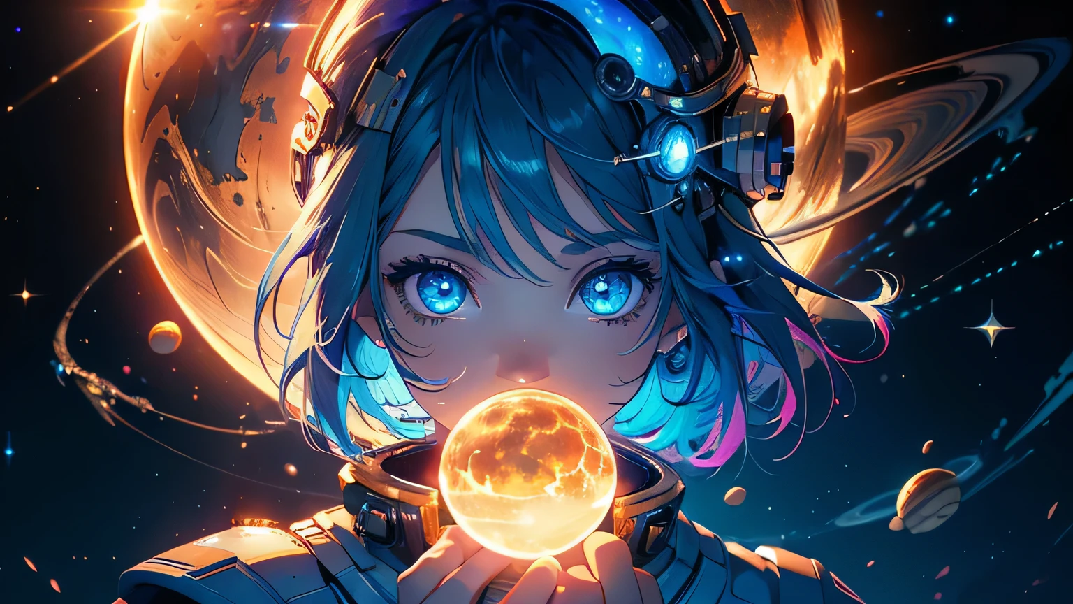 (Obra maestra), mejor calidad, a cute girl floating in the space tenencia a planet, ((tenencia)), esfera, ((brillo, planet brillo)), cara perfecta, ojos expresivos, traje espacial, casco de astronauta, spiral galaxy, astronomy fondo de pantalla, feliz, vistoso, emocionante, espléndido, blue giant star, tiro de vaquero, cósmico, cosmos 4k, brillante, Luz perfecta, brilloing esfera BREAK is a cute girl on space, she is tenencia a glwoing esfera with the two hands, she is wearing a white traje espacial, ella tiene el pelo azul, ojos rojos, estrella gigante roja, sol como estrella, brillar, ROMPER colores vivos, Brillante,brillante, colores fríos, iluminación dramática, artístico, creativo, arte digital, fondo de pantalla, (brilloing eyeagical, imposible, buena onda, buenas emociones, Aventura, (solo, alone,1 chica)\