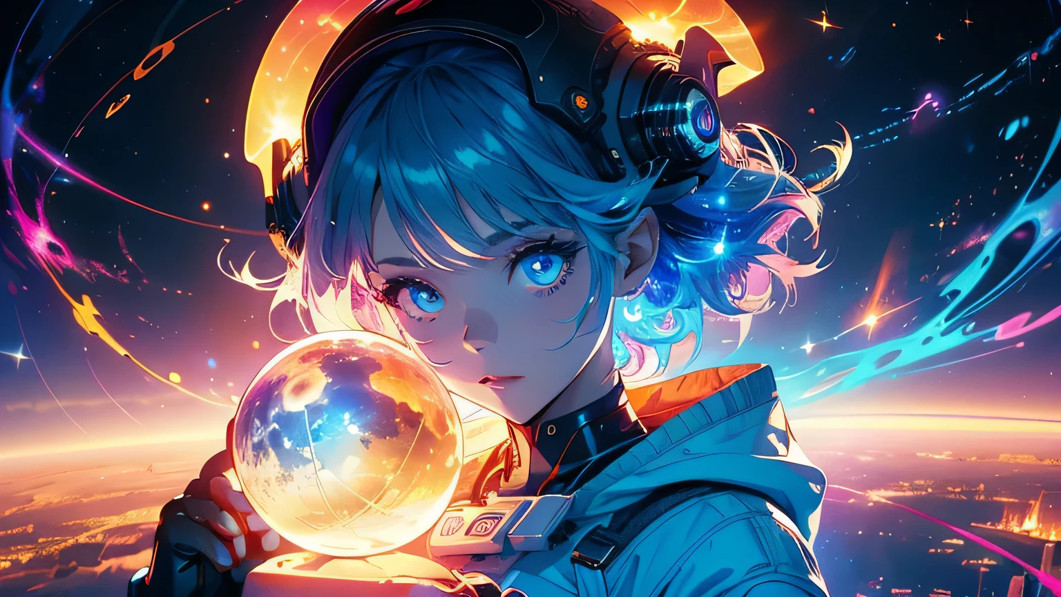 (masterpiece), best quality, a cute girl floating in the space holding a planet, ((holding)), sphere, ((glow, planet glow)), perfect face, expressive eyes, space suit, austronaut helmet, spiral galaxy, astronomy wallpaper, happy, colorful, exciting, gorgeous, blue giant star, cowboy shot, cosmic, cosmos 4k, shiny, perfect light, glowing sphere BREAK is a cute girl on space, she is holding a glwoing sphere with the two hands, she is wearing a white space suit, she has blue hair, red eyes, red giant star, sun like star, shine, BREAK vivid colors, bright,shiny, cool colors, dramatic lighting, artistic, creative, digital art, wallpaper, (glowing eyeagical, impossible, good vibes, good emotions, adventure, (solo, alone,1girl)\