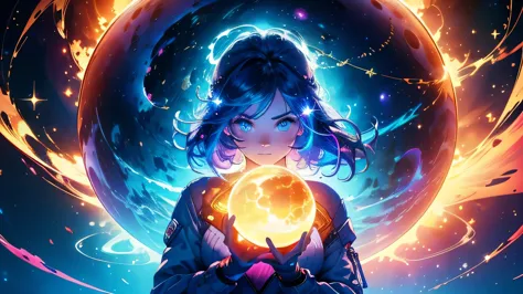 (masterpiece), best quality, a cute girl floating in the space holding a planet, ((holding)), sphere, ((glow, planet glow)), per...