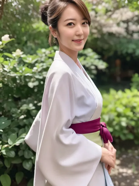 high quality,8k, 1girl, solo,smiling,slender ,upper body ,(hair up),shot,wearing kimono, in a botanic garden