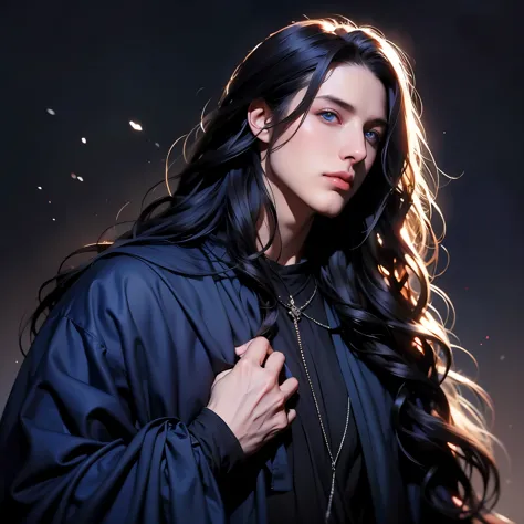 Man, male, young, boy, long hair, Black hair, long wavy hair dark clothes, man, male, blue eyes , Medieval clothing , alone