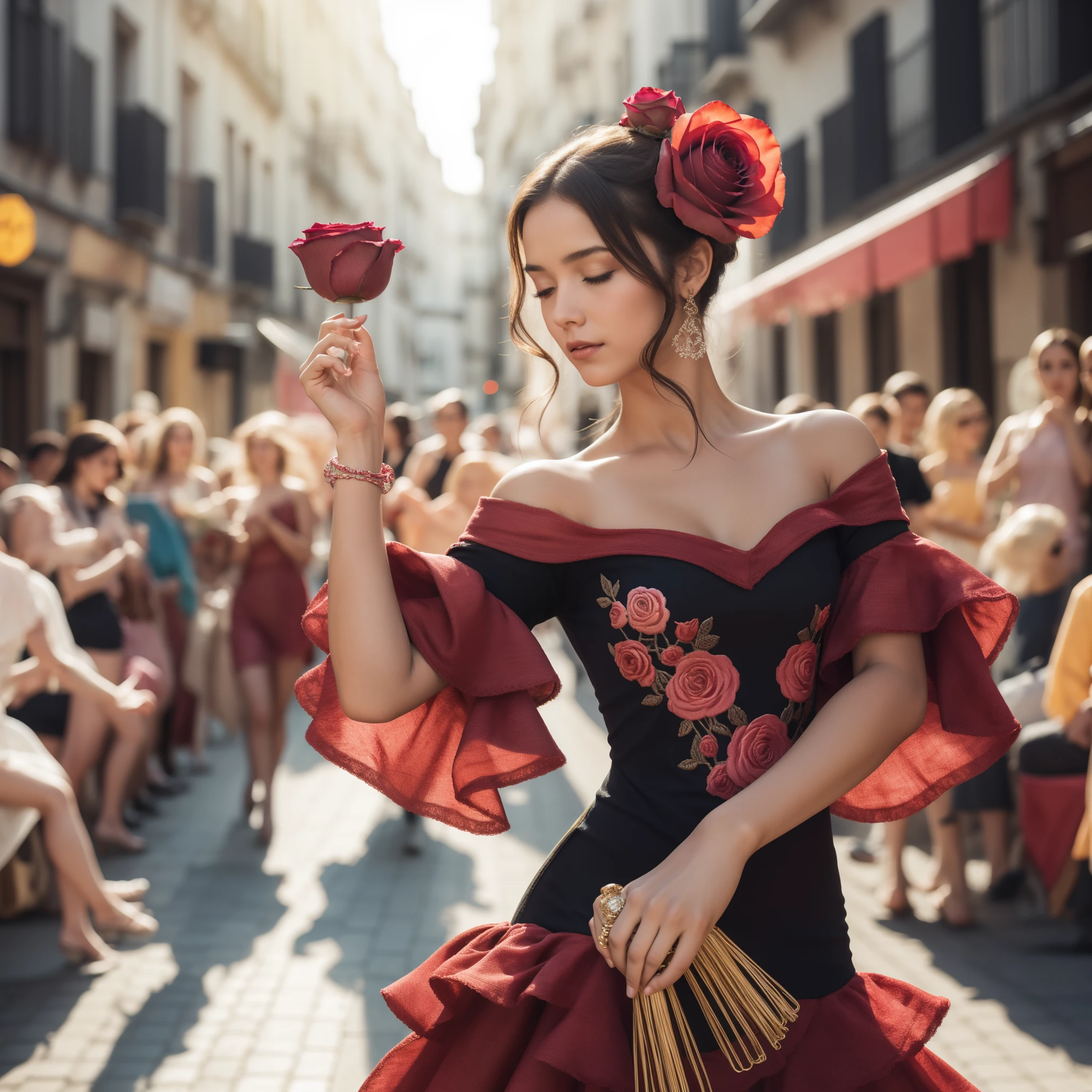 (obra de arte, melhor qualidade:1.2), (1 garota, Sozinho), menina espanhola, 20 anos de idade, tronco, Enfeite de cabelo rosa, (fechando os olhos, excitado, corar), LÁBIOS ROSA, (Traje de Dança, Bordado rosa), segurando maracás, (Dançando na Rua, Flamengo), estrada de paralelepípedos, multidão