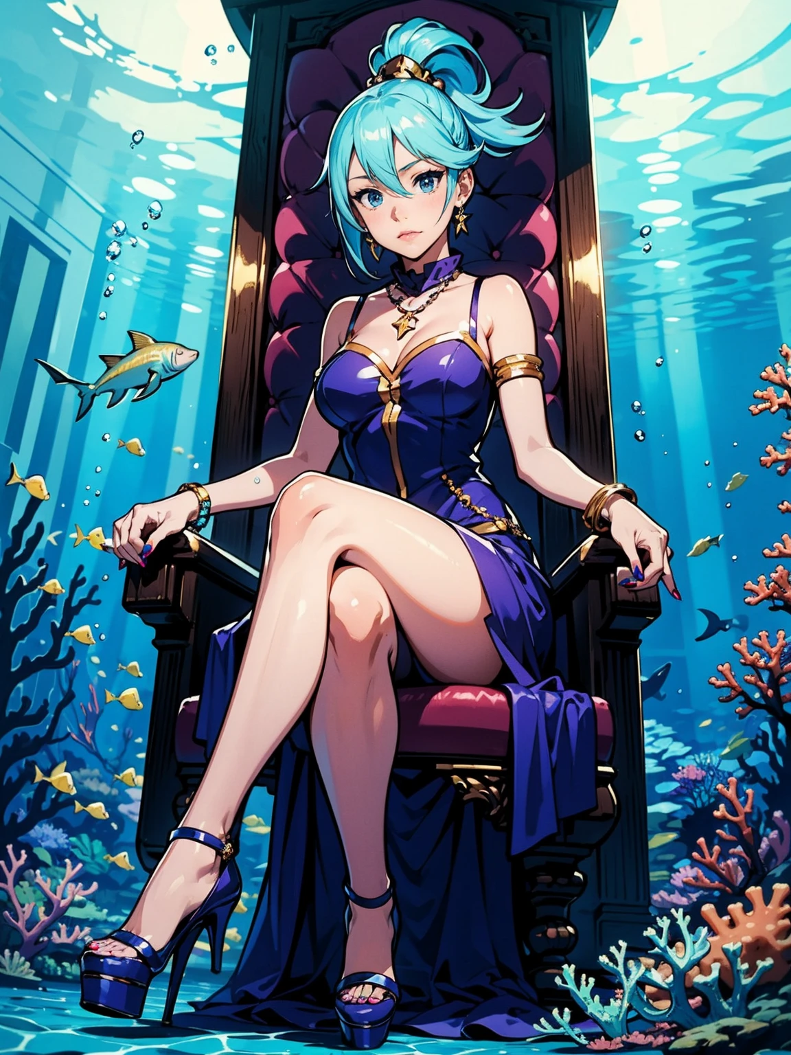 ((1girl, solo ,alone, aqua, blue eyes, blue hair, ponytail, painted nails, gold bracelets, ruby earrings)), ((solo, 1woman, pink lipstick, Extremely detailed, ambient soft lighting, 4k, perfect eyes, a perfect face, perfect lighting, a 1girl)), austere, ((sitting on a throne, ((legs crossed, high heels, underwater, submerged in the ocean, deep sea, sea creatures, aqua)), sitting on her throne under; water, sea queen, mu yanling, Krenz Cushart and Artgerm, ((fish, coral)), shark, turtle, algae)), ((long dress, elegant violet dress , formal dress, violet dress, bracelets, ruby earrings, gold necklace, diamond, sovereign))