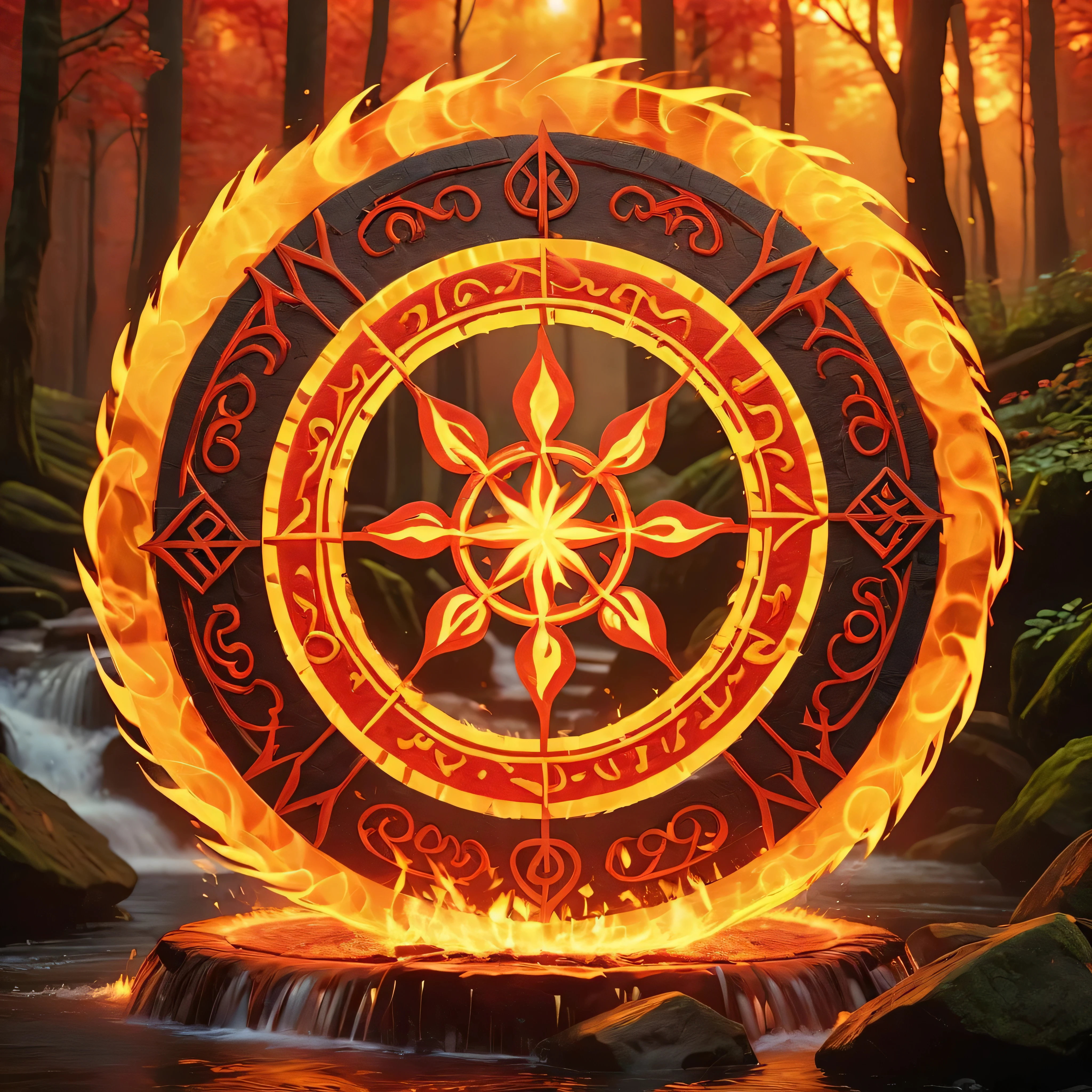 Masterpiece in maximum 16K resolution, superb quality, a stunning image featuring a fire magic circle, intricate details of raging flames in vibrant shades of red, orange, yellow, swirling dynamically in a mesmerizing dance with intense heat radiating from them, (magical runic symbols), serene forest waterfall in the background. | ((More_Detail))