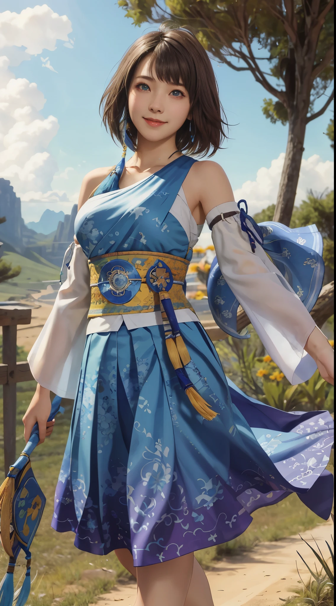 masterpiece, highest quality, absurd, perfect anatomy, 1 girl, alone, Yuna FFX, heterochromia iris, short hair, yuna costume, hair ornaments, removed sleeve, in the same way, sash, same as skirt, long skirt, cowboy shot, smile,