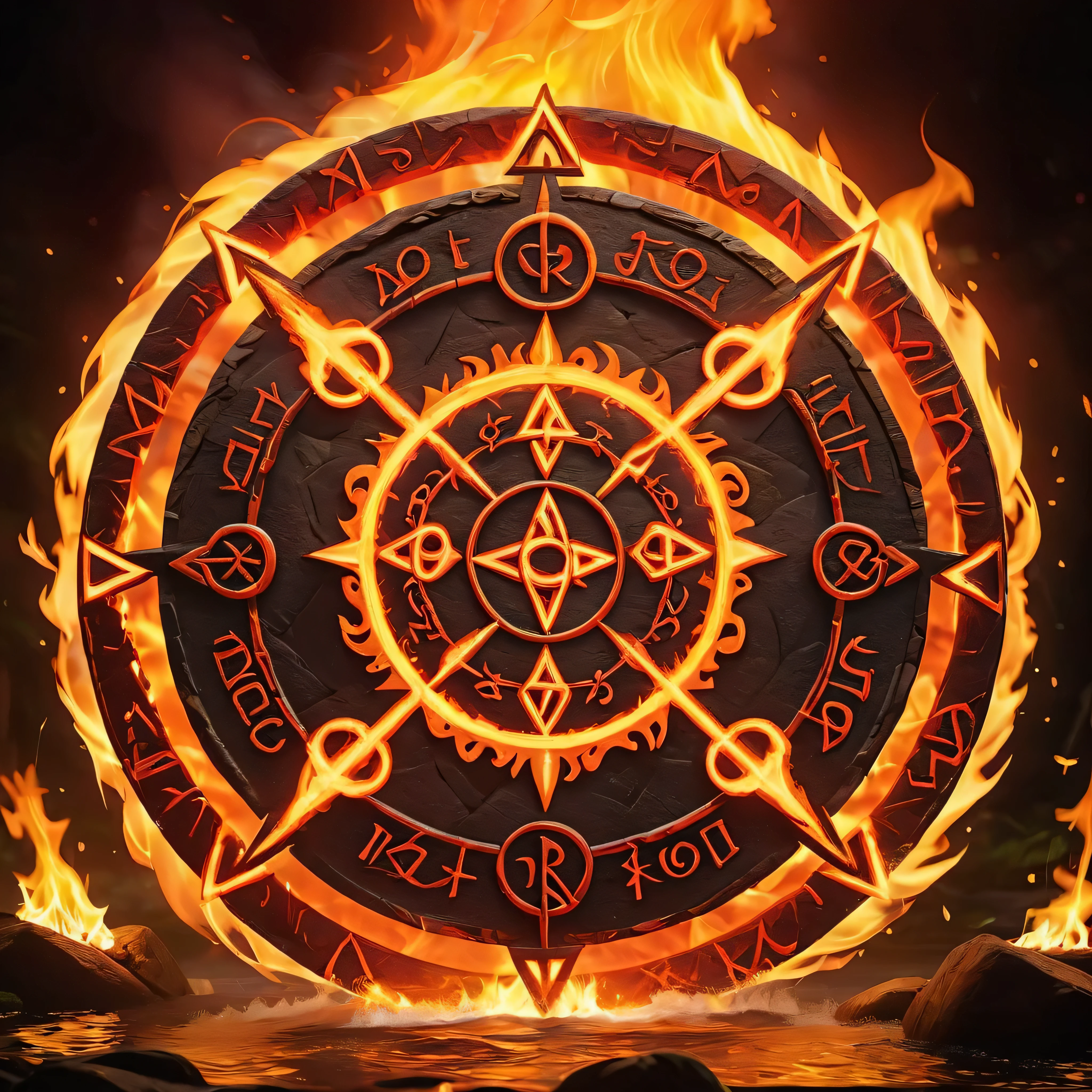 Masterpiece in maximum 16K resolution, superb quality, a stunning image featuring a fire magic circle, intricate details of raging flames in vibrant shades of red, orange, yellow, swirling dynamically in a mesmerizing dance with intense heat radiating from them, (magical runic symbols), serene forest waterfall in the background. | ((More_Detail))