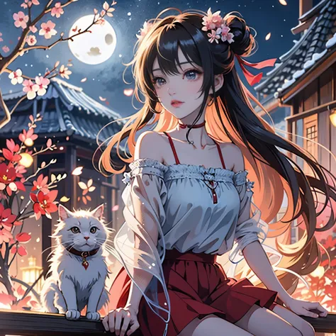 Long hair anime girl sitting on the fence with a cat, anime style 4k, beautiful Anime catsgirl, very beautiful Anime cats girl, ...