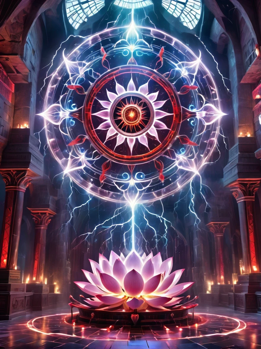 魔界ホール，蓮華祭壇，血が広がる，奇妙な幾何学模様，血しぶき，純粋な宇宙エネルギーの透明な魔法陣，魔法の力で作られた陣形，時間と空間の輪，ハロー，電動ホイール，魔法のように描かれた多角形，壮大な魔法ファンタジー，壮大なシュールレアリズム，壮大な雷の魔法，壮大な古代トーテム，壮大な神秘的な魔法の光，壮大な闇の魔法，壮大なゴシック様式