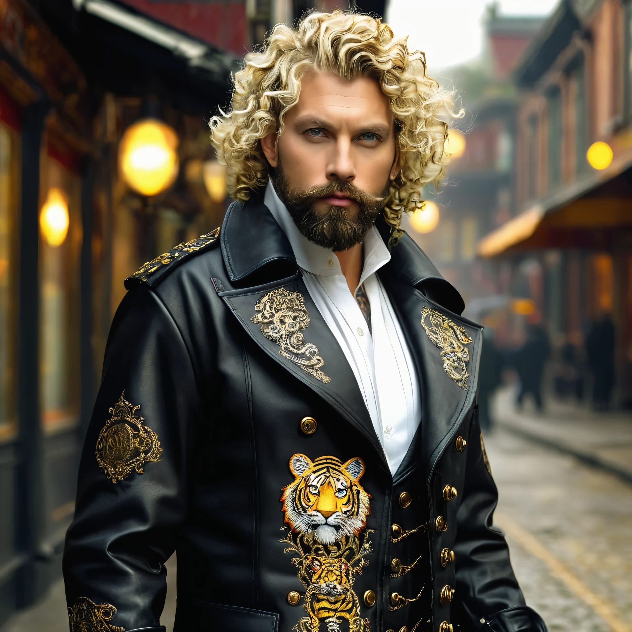 Modèle RéalitéVision_SDXL V2.0 RéalitéVision_Régulateur de projecteur SDSDS-XL ,, Un homme brutal aux cheveux blonds courts bouclés et à la barbe, vêtu d'un manteau steampunk noir à double boutonnage!!!!! et un pantalon en cuir !!!!! Des broderies de tigre sont visibles sur le manteau et les manches!!!!Lumière de devant ,((chef-d&#39;œuvre)), ((Meilleure qualité)) , Détails élevés,, plus de détails, ah haut_détail, couleur, Beau, HDR, Photoréaliste,
