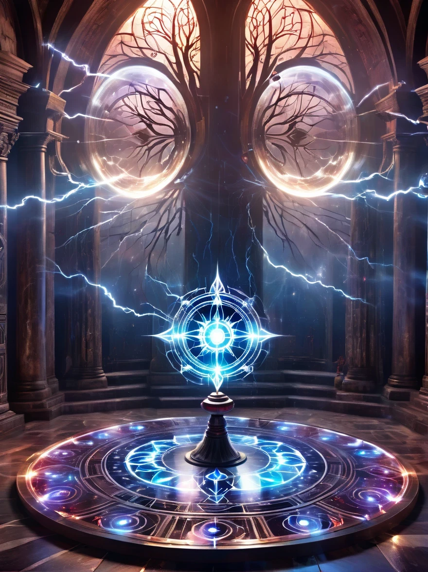 祭壇，血が広がる，奇妙な丸いケース，血しぶき，純粋な宇宙エネルギーの透明な魔法陣，魔法のエネルギーでできたディスク，時間と空間の輪，ハロー，電動ホイール，魔法のように描かれた多角形，壮大な魔法ファンタジー，壮大なシュールレアリズム，壮大な雷の魔法，壮大な古代トーテム，壮大な神秘的な魔法の光，壮大な闇の魔法，壮大なゴシック様式