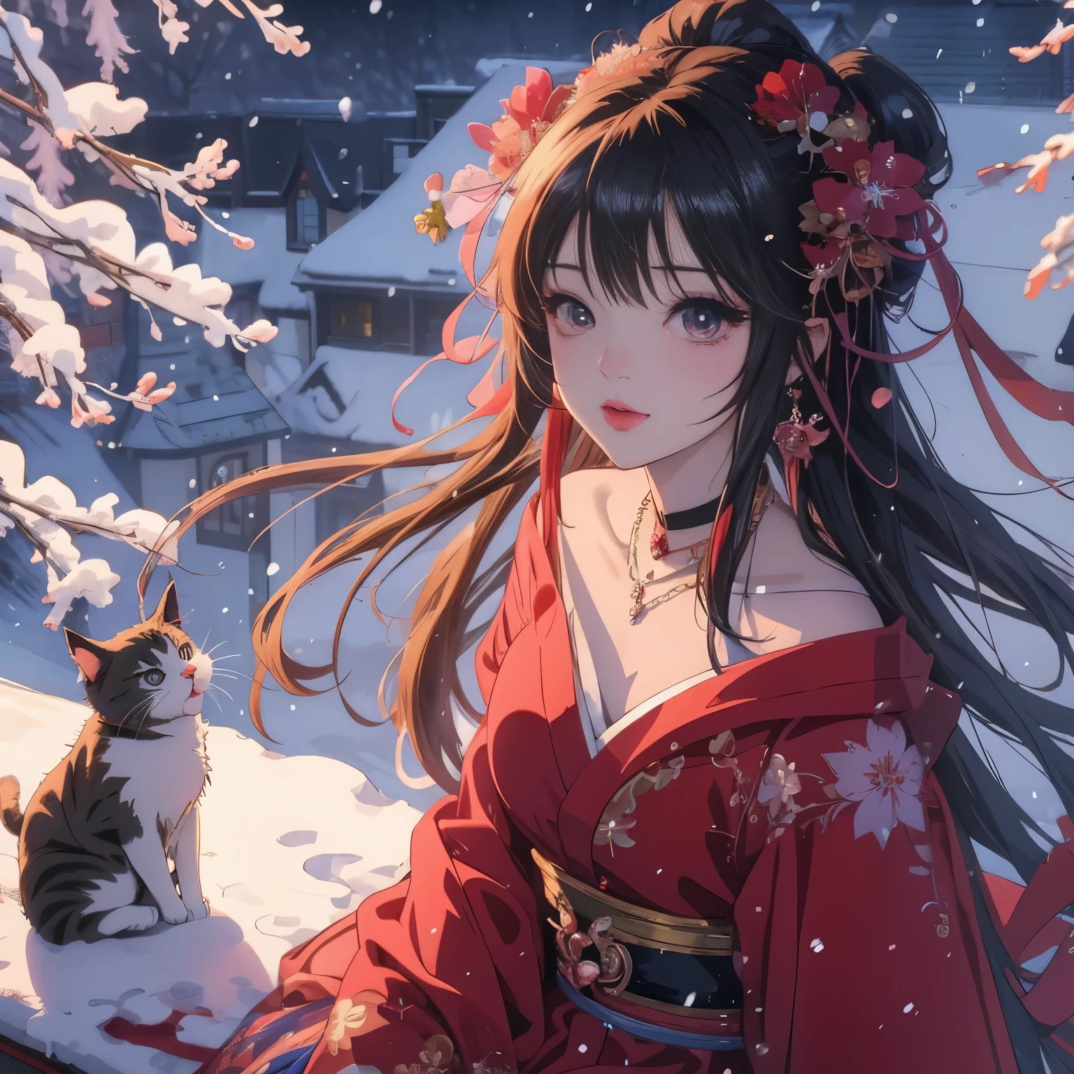 Anime girl with a cat sitting on a ledge in the snow, anime style 4k, Anime Art Wallpaper 4k, anime art wallpaper 4k, anime wallpaper 4k, anime wallpaper 4k, Beautiful anime girl, 4k anime wallpaper, Beautiful anime, anime art wallpaper 8k, Beautiful anime portrait, Beautiful anime woman, 4k comic wallpaper