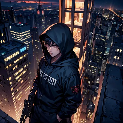 (highest quality, masterpiece),boy,rooftop,night,city,gun,cool,covered with hood
