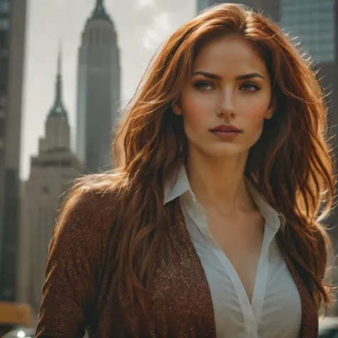  A 21-year-old Indo-American woman with reddish-brown hair in modern Western attire, standing in a bustling New York City street...