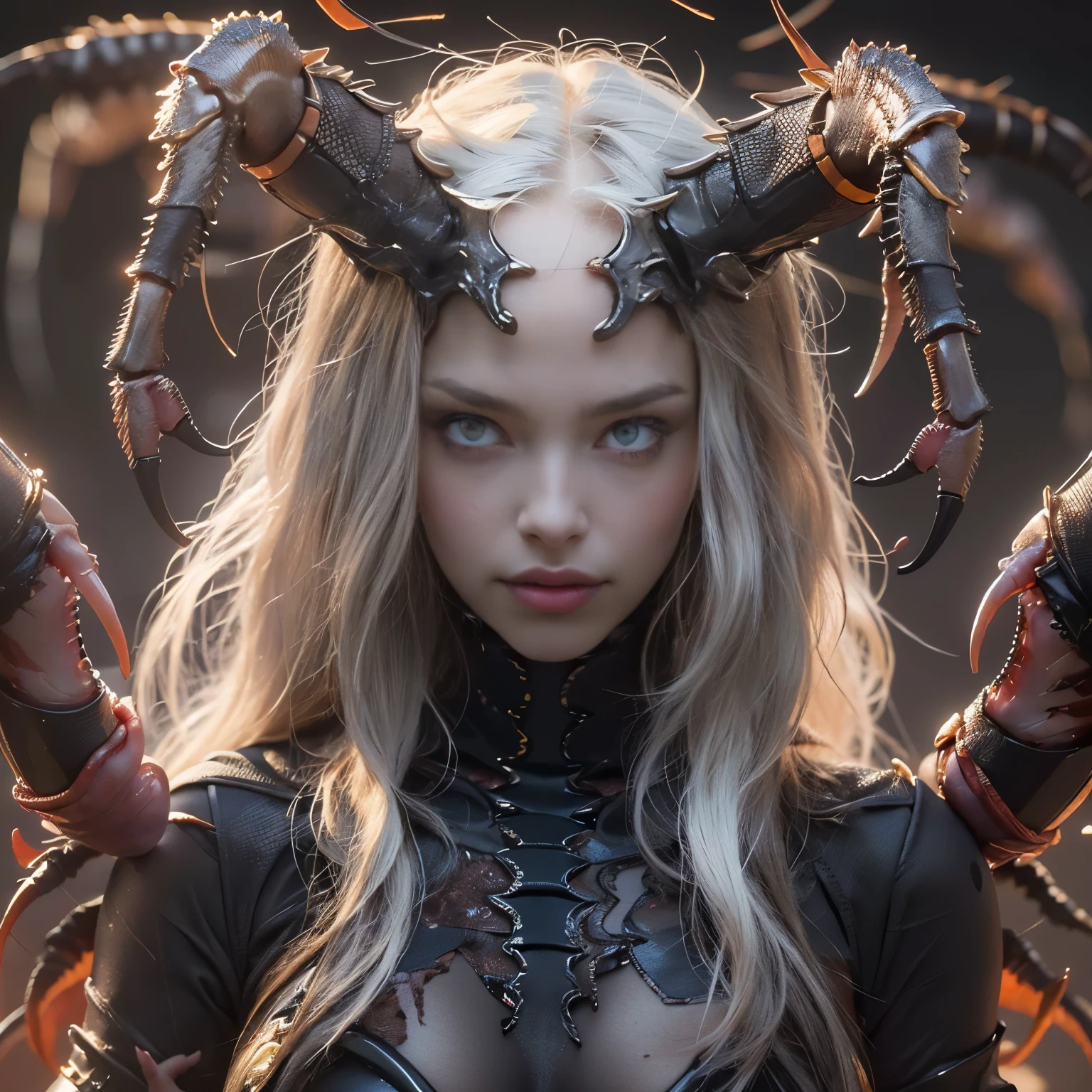 ((Best quality, high-res, ultra-detailed, photorealistic: 1.37)), hybrid human-scorpion female detailed scorpion tail, (beautiful detailed eyes and face of a girl), venomous stingers, powerful humanoid body, menacing presence, dark atmosphere, horror, vivid color scheme, dramatic lighting, humanoid body, beautiful , beautiful nipples, (her skin is pale white:1.3), (Her eyes are all black and no pupils:1.5), The queen of Scorpion, Creatures from another dimension, bioluminescence, seductive smile, Her eyes are lowing and burning,