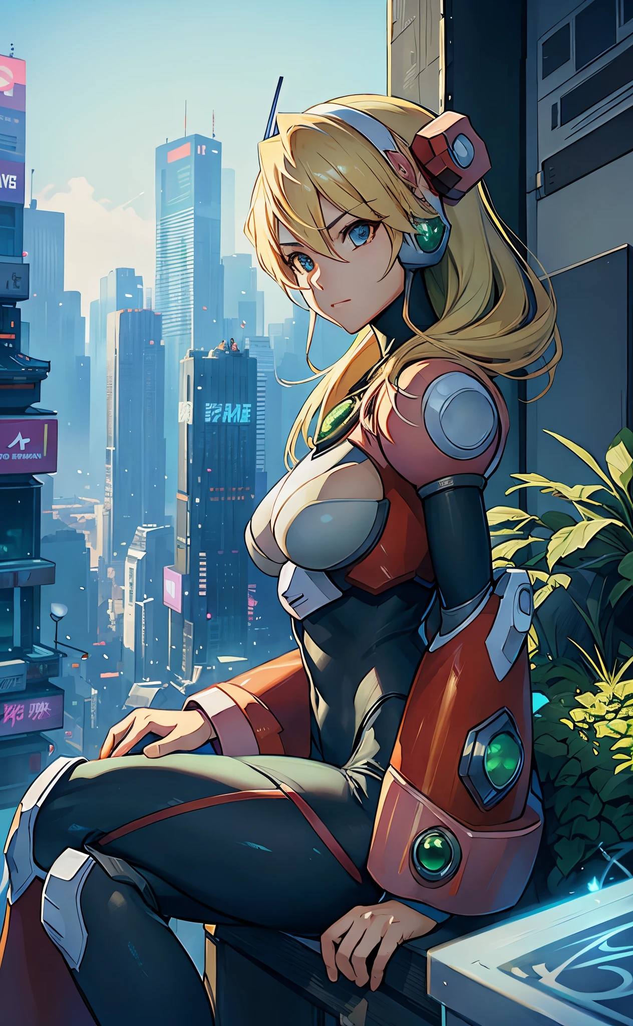 alia_Megamanx sitting on the edge of a building in Tokyo - cyberpunk city in the background, SSCI - FI, fantasia, intricado, muito muito bonita, elegante, luz neon, altamente detalhado, pintura digital, art station, arte conceitual, anatomia humana, Luz Suave, Suave, illustration, por tian zi e artgerm e greg rutkowski e alphonse much e loish e WLOP