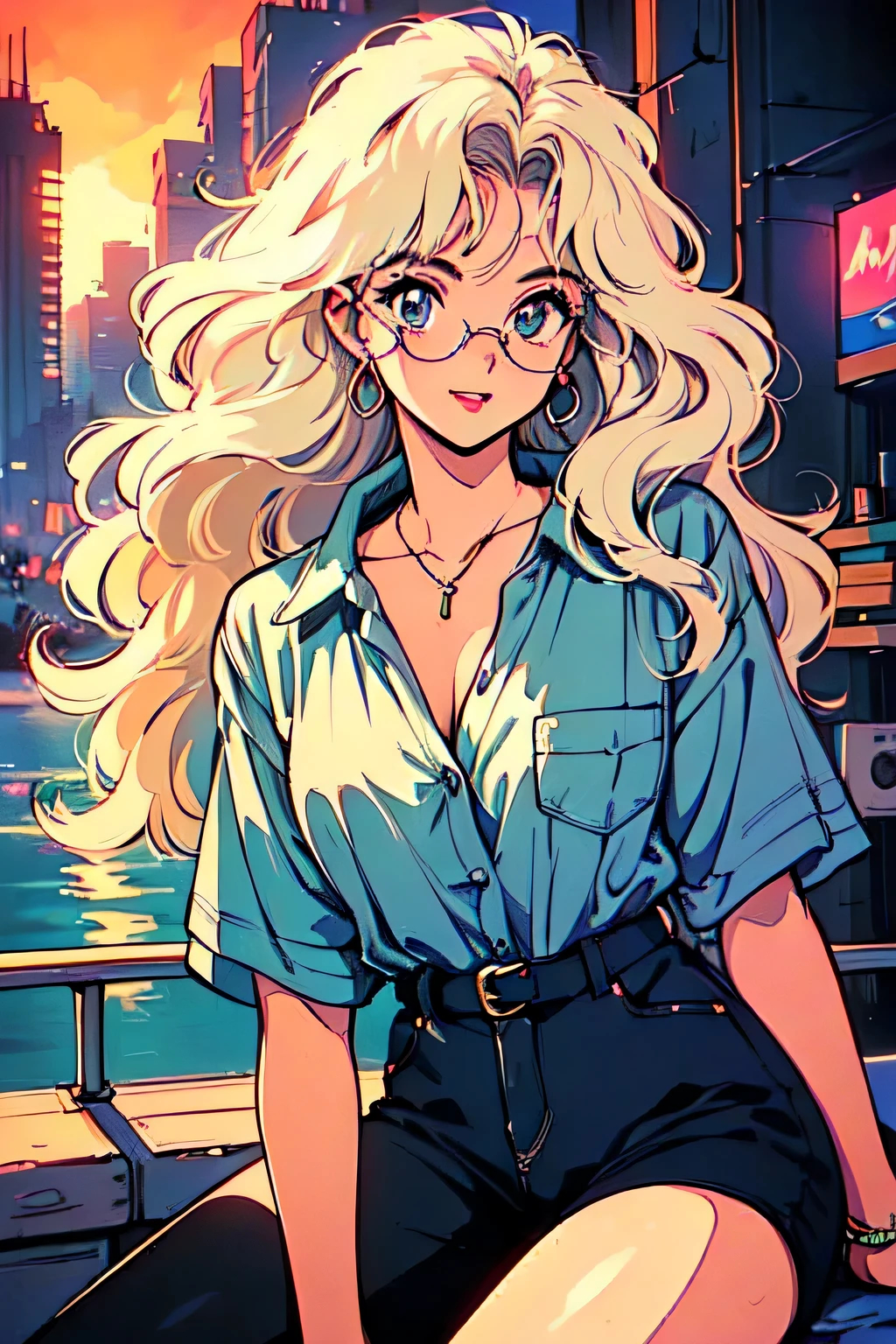 (80's, retro, city pop:1.5), (album cover), (masterpiece, best quality, intricate detail), (anime, illustration), (pastel colors:1.3), best photo pose, dynamic angle,
girl, solo, smile, perfect detail eyes, delicate face, big glasses, long blonde hair, curly hair
City Scenes, night city, tokyo, high fashion, 