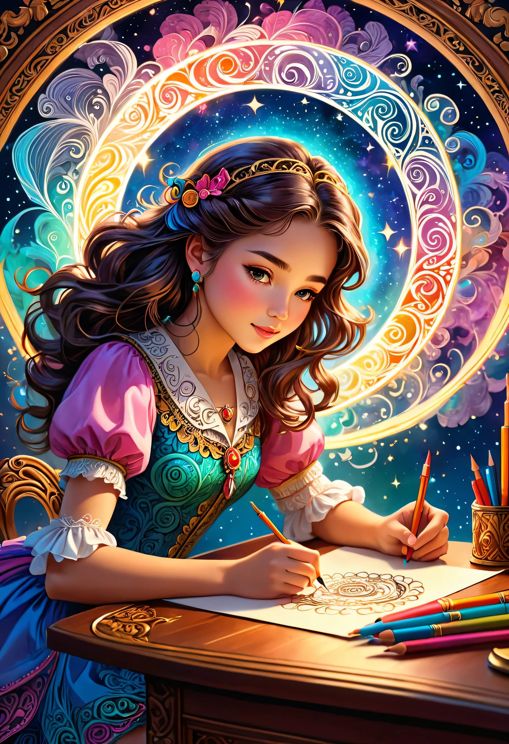 Fille magique dessinant un cercle magique sur le bureau,,,parchemin,plume d&#39;oie,encre magique,style d&#39;illustration,dessiner avec des lignes épaisses,modèle détaillé,Mignon,Populaire,Couleur douce,Lancez des sorts colorés,belle image de fond,chef-d&#39;œuvre,最高chef-d&#39;œuvre,lumière et ombre,dessiner soigneusement,art fractal,le rendu,couleurs vives,fantaisie,fantaisie,le rendu,élément magique,éléments zentangles,adorable,Beau