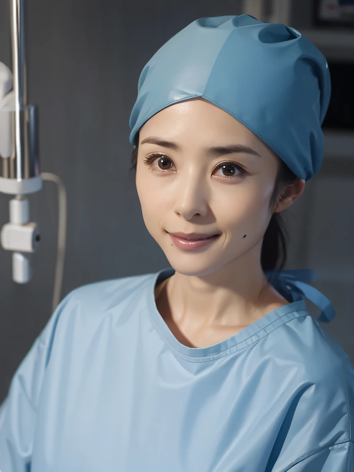 (best quality,highres:1.2),ultra-detailed,(realistic:1.37) 1girl,wearing long-sleeved surgical gown,wearing a surgical mask,wearing surgical gloves,wearing a surgical cap,in an operating room,under the overhead shadowless lamp