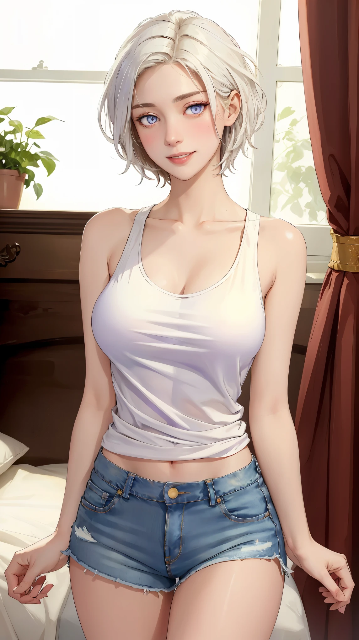 ((((masterpiece, best quality, high resolution)))), (1girl:1.5), ((short silky hair, white hair, purple eyes, sharp eyes)), (big perky breasts:1.2), (blushing red, embarrassed), (smile, parted lips), glow, thighs, bare shoulders, collarbone, narrow waist, (slender body figure), (beautiful detailed face, beautiful detailed eyes), ((white cropped tank top, jeans shorts)), (standing up), looking at viewer, bedroom, (cowboy shot)