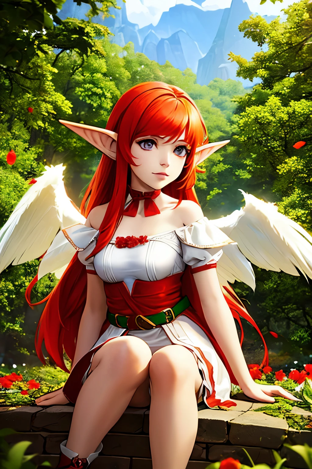 role-playing character, a half-elf half-nymph girl with wings of fary  with red hair with  white and wearing clothes made of leaves and flowers HD  hiper color 4k