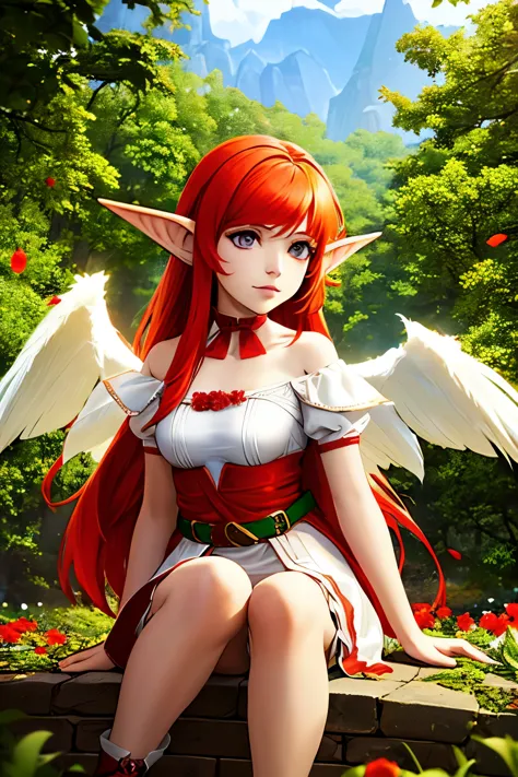 role-playing character, a half-elf half-nymph girl with wings of fary  with red hair with  white and wearing clothes made of lea...