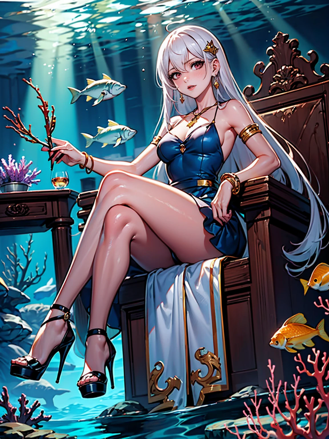 ((1girl, solo ,alone, ninym, white hair, crimson eyes, hair ornament, small breasts, long hair)), ((solo, 1woman, pink lipstick, Extremely detailed, ambient soft lighting, 4k, perfect eyes, a perfect face, perfect lighting, a 1girl)), austere, ((sitting on a throne, ((legs crossed, high heels, underwater, submerged in the ocean, deep sea, sea creatures, aqua)), sitting on her throne under; water, sea queen, mu yanling, Krenz Cushart and Artgerm, ((fish, coral)), shark, turtle, algae)), ((long dress, elegant dress , formal lavender blue dress, Lavender Blue dress, bracelets, ruby earrings, gold necklace, diamond, sovereign))