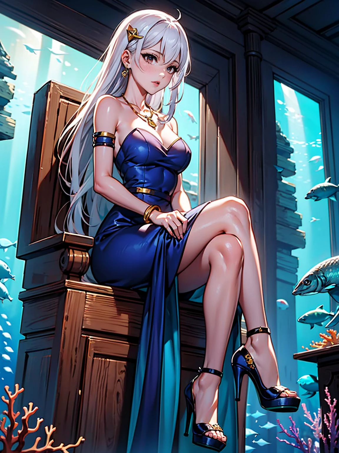 ((1girl, solo ,alone, ninym, white hair, crimson eyes, hair ornament, small breasts, long hair)), ((solo, 1woman, pink lipstick, Extremely detailed, ambient soft lighting, 4k, perfect eyes, a perfect face, perfect lighting, a 1girl)), austere, ((sitting on a throne, ((legs crossed, high heels, underwater, submerged in the ocean, deep sea, sea creatures, aqua)), sitting on her throne under; water, sea queen, mu yanling, Krenz Cushart and Artgerm, ((fish, coral)), shark, turtle, algae)), ((long dress, elegant dress , formal lavender blue dress, Lavender Blue dress, bracelets, ruby earrings, gold necklace, diamond, sovereign))