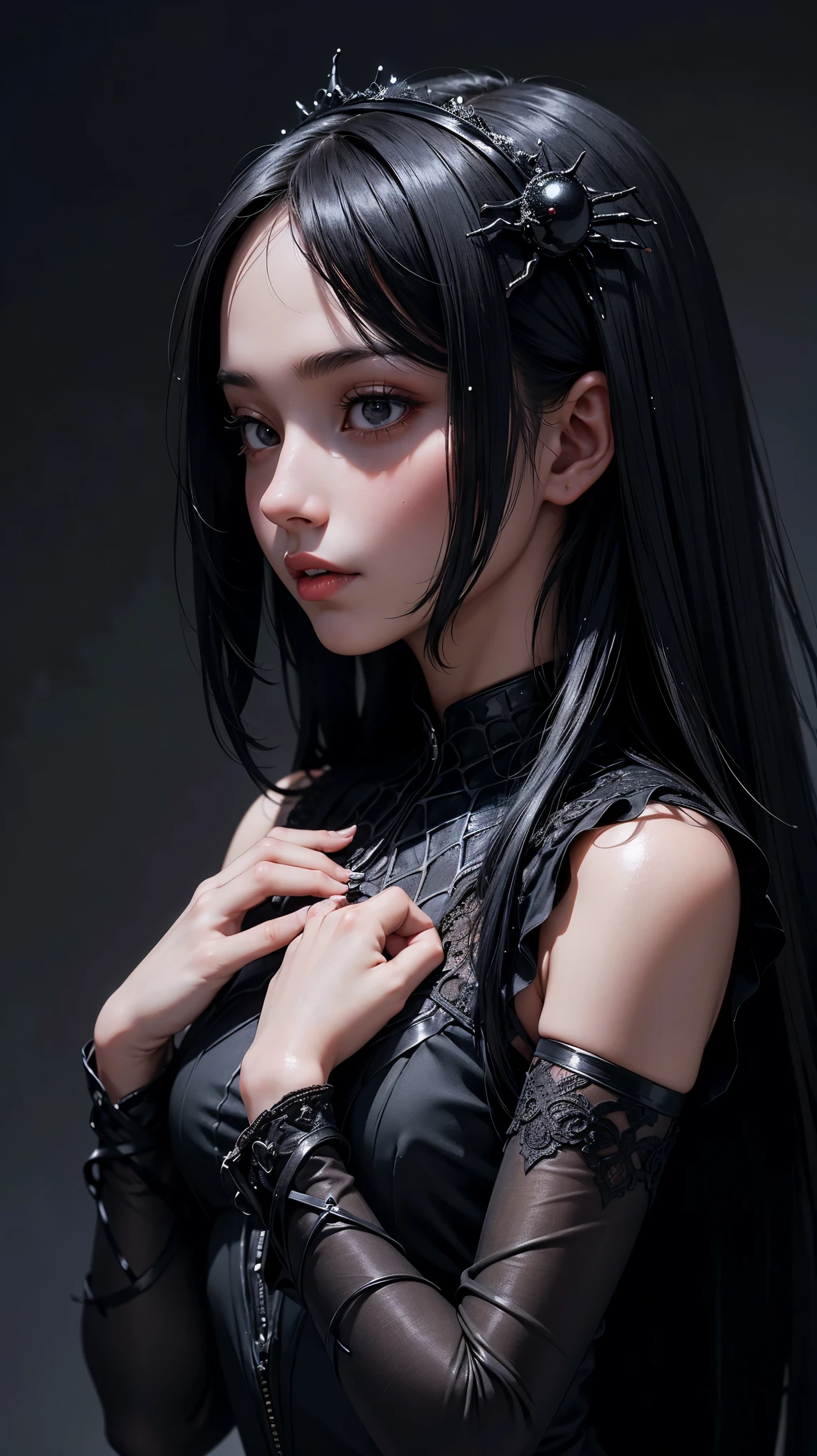 close up, beautiful young girl, dark long hair, black eyes, black dress, black spider in the hands, girl holding spider, spider web on the background, 8k, high detailed, high realism, dark fantasy art
